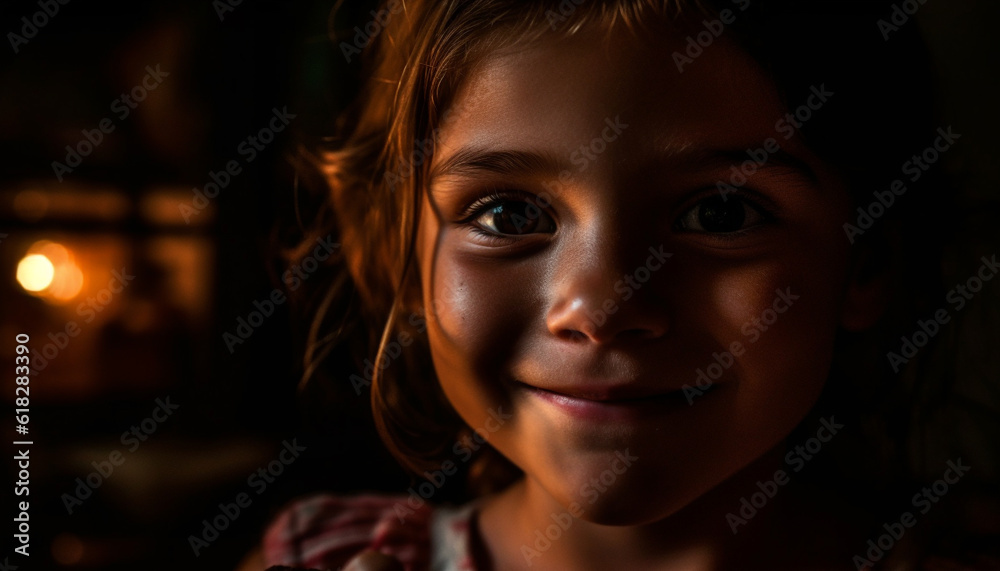 Cute brown haired girl smiling joyfully at camera generated by AI Cute brown haired girl smiling joyfully at camera generated by AI