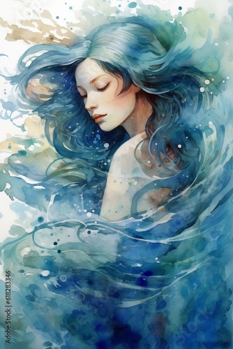 Watercolor gorgeous mermaid swimming in the ocean. AI generated