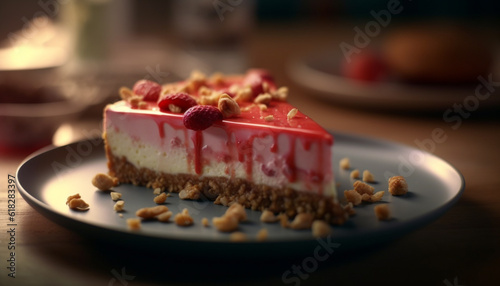 Whipped cream and raspberry cheesecake on plate generated by AI