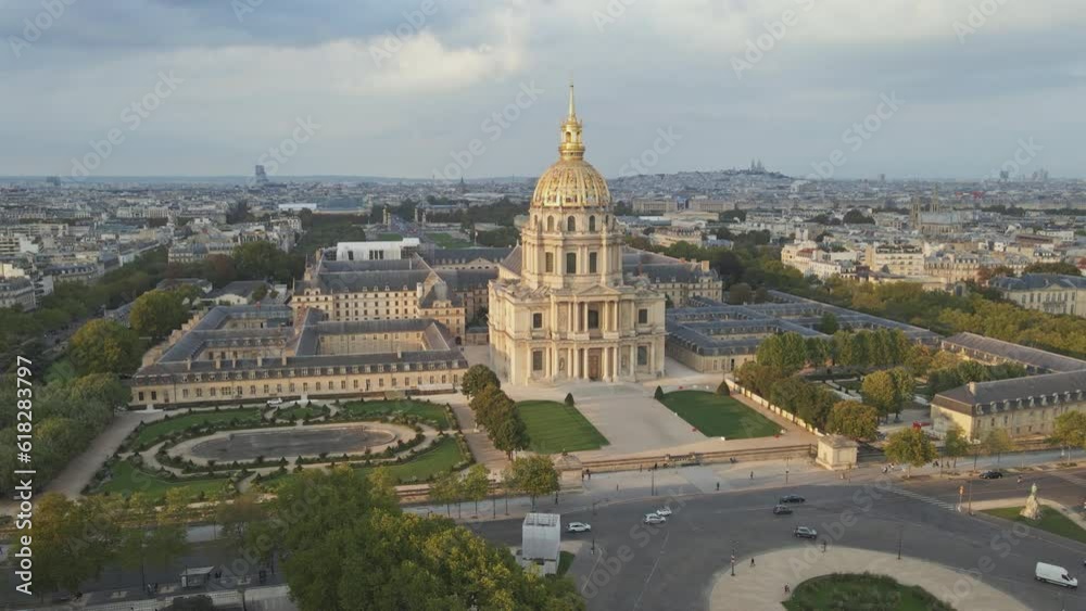 Aerial approach to the grand Hotel des Invalides in Paris