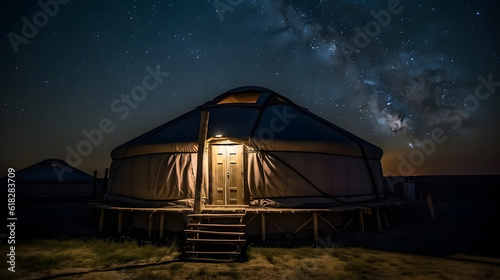 Yurt National old house of peoples of Kyrgyzstan and Asian countries. Ail camp night sky with stars. Generation AI © Adin