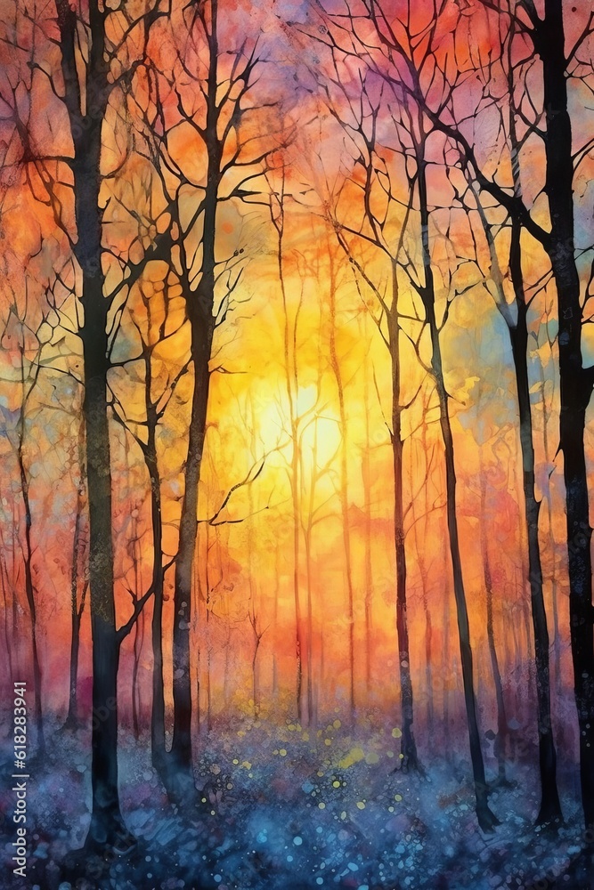 Fototapeta premium Watercolor gorgeous sunrise over a forest canopy. AI generated