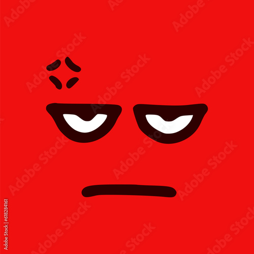 Angry emoticon in doodle style. Cartoon face expressions isolated on red background
