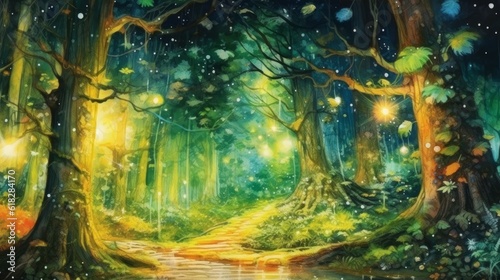 Watercolor magical fairy tale forest with fireflies. AI generated