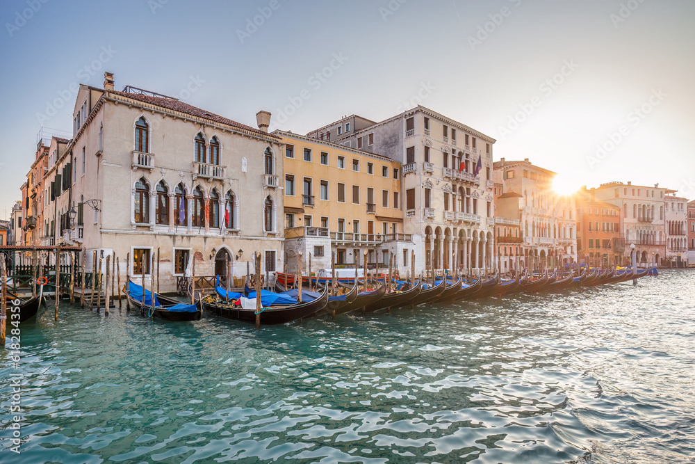 The Grand Canal with gondolas in Venice at a beautiful sunny morning, Italy, Europe.