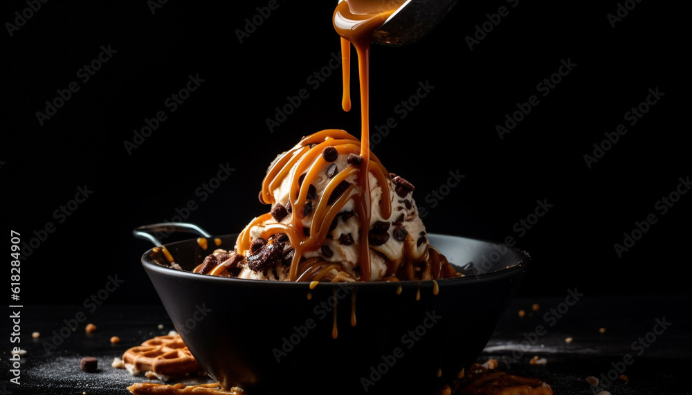 Fototapeta premium Indulgent chocolate fudge sauce on fresh ice cream generated by AI