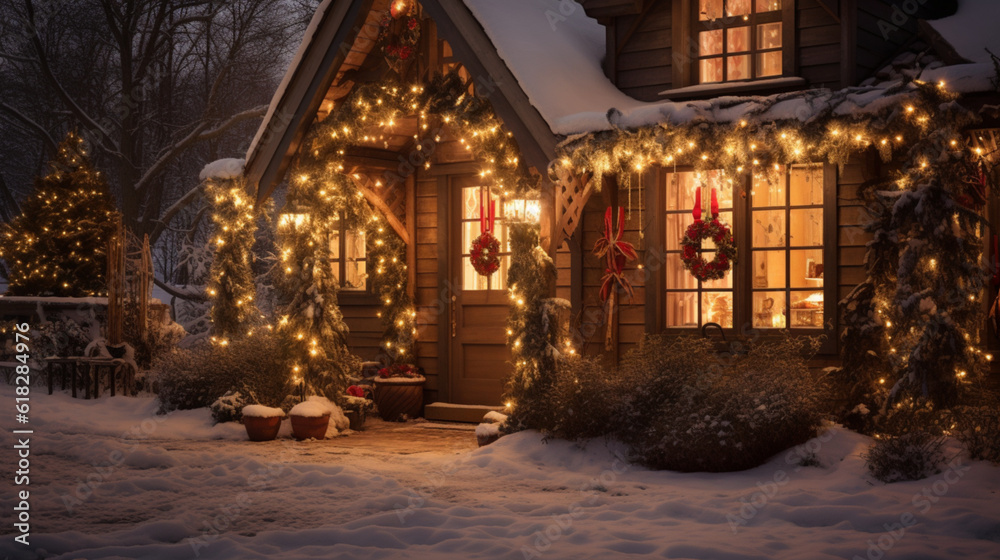 Illustration, AI generation. Wooden cottage, decorated with Christmas lights.