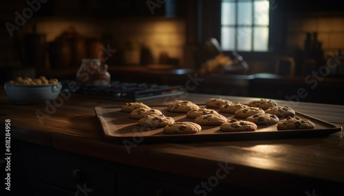 Homemade chocolate chip cookies baked in kitchen generated by AI