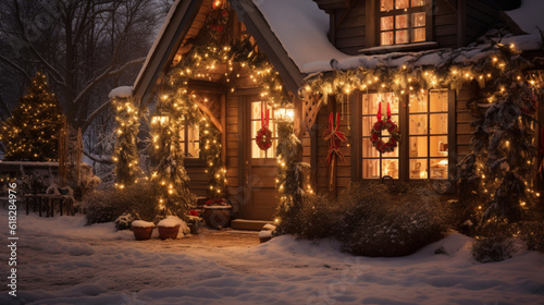 Illustration, AI generation. Wooden cottage, decorated with Christmas lights. © MaskaRad