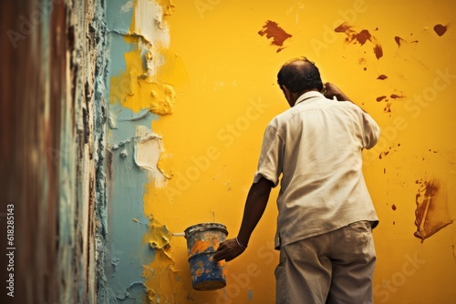 a candid photo of an old indian man painting house walls with a roller in yellow color and holding a bucket with the colors. Generative AI © SayLi