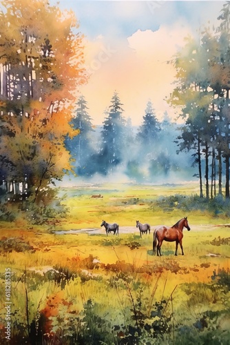 Watercolor peaceful meadow with grazing horses. AI generated © Olive Studio