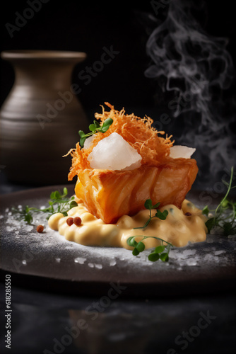 Molecular cuisine take on fish and chips with crispy potato foam and a sous-vide fish filet