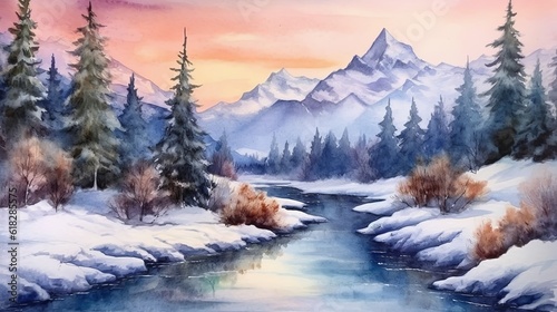 Watercolor peaceful winter wonderland with snow-capp. AI generated