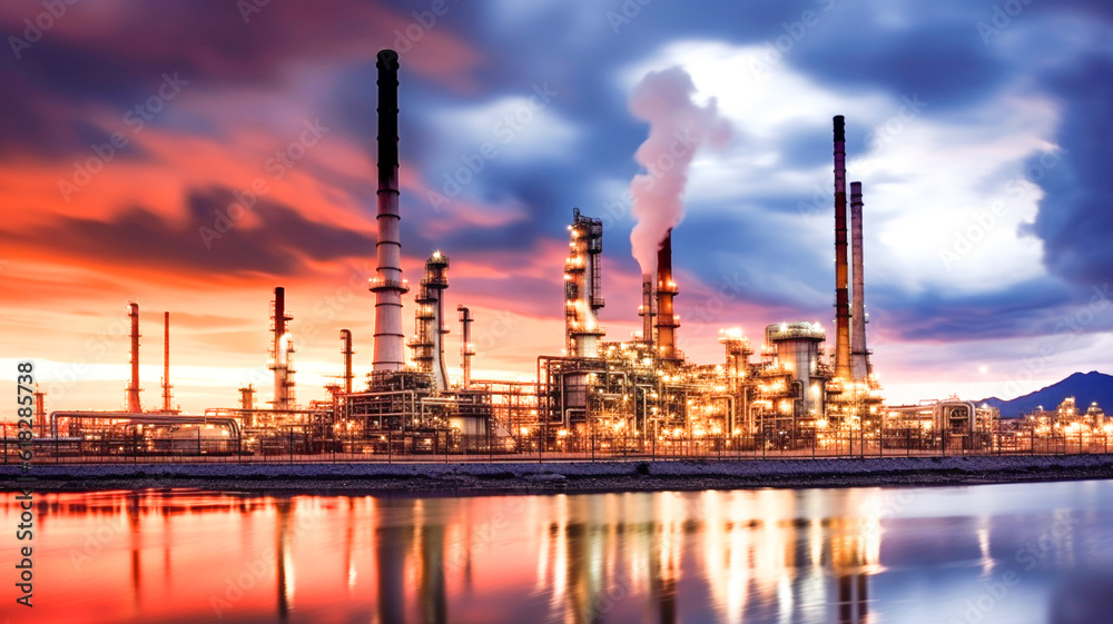 Refinery plant of a petrochemical industry on beautiful sunset sky background.
