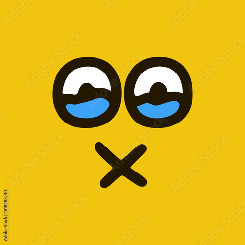 Crying emoticon with closed mouth in doodle style. Cartoon face expressions isolated on yellow background