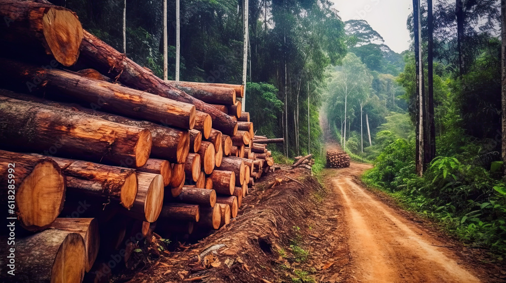 timber carrier, Log stacks along forest road timber carrier, Log stacks along forest road