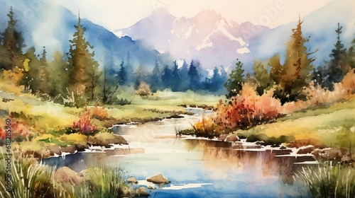 Watercolor serene landscape of mountains and a lake. AI generated