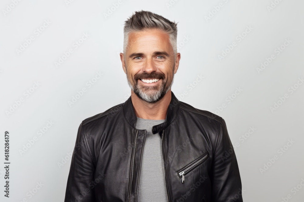 Portrait of a handsome middle-aged man in a leather jacket on a white background Portrait of a handsome middle-aged man in a leather jacket on a white background