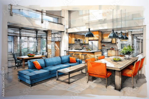 Colored interior design sketch of a modern living room and kitchen. Generative AI. © dummy