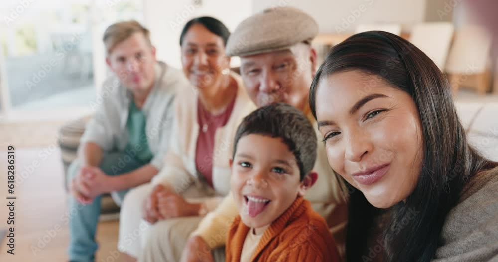 Happy big family, face and selfie on sofa for photo, memory or time together in living room at home. Portrait of parents, grandparents and child smile for picture, weekend holiday and relax on couch Happy big family, face and selfie on sofa for photo, memory or time together in living room at home. Portrait of parents, grandparents and child smile for picture, weekend holiday and relax on couch