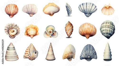Watercolor simple collection of seashells in watercor. AI generated © Olive Studio