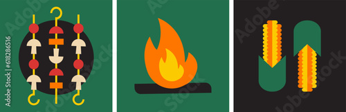 Picnic outdoor food flat abstract illustration. Bonfire cooking. Vegetables, mushroom and corn on the cob. Campfire abstract set icon. Great for flyer, web poster, cover design, party invitation.