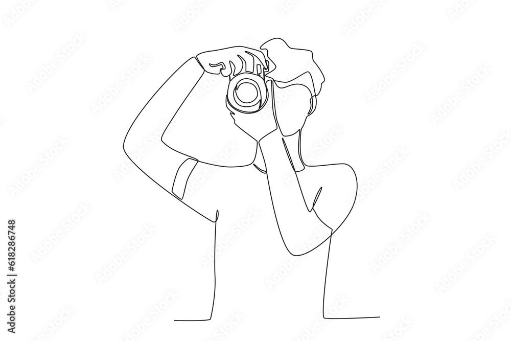 A cameraman sets the focus of the camera. World photography day one-line drawing A cameraman sets the focus of the camera. World photography day one-line drawing