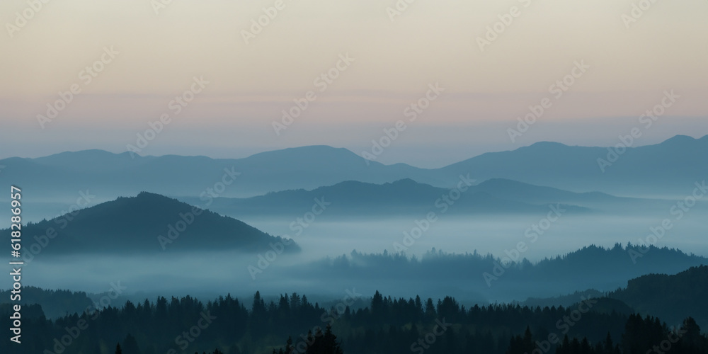 mountain view in a misty landscape