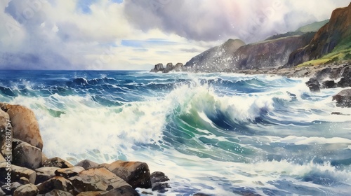 Watercolor stunning seascape showing waves crashing . AI generated