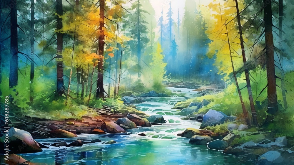 Watercolor tranquil river flowing through a forest. AI generated