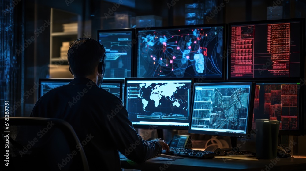 Network operations center with technicians monitoring network traffic, troubleshooting issues, and ensuring network performance Network operations center with technicians monitoring network traffic, troubleshooting issues, and ensuring network performance