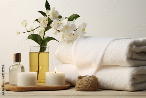 Aromatherapy. Pure organic essential oil concept. Elixir with plant based floral herbal ingredients. Pink flowers extract. Spa atmosphere with candle  towel. Banner copy space. High quality photo
