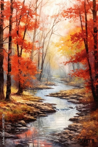 Watercolor tranquil autumn stream with colorful foli. AI generated © Olive Studio