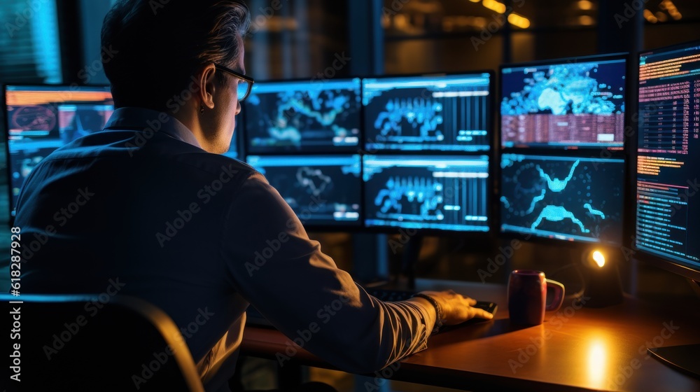 Network operations center with technicians monitoring network traffic, troubleshooting issues, and ensuring network performance