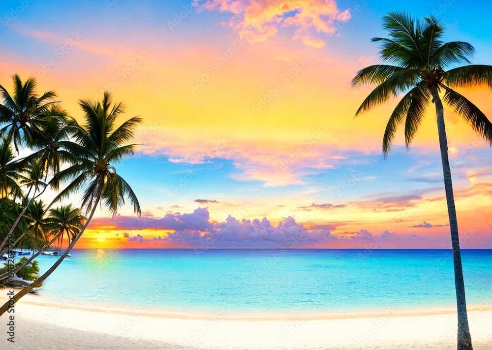 un beau paysage de la plage avec un coucher du soleil