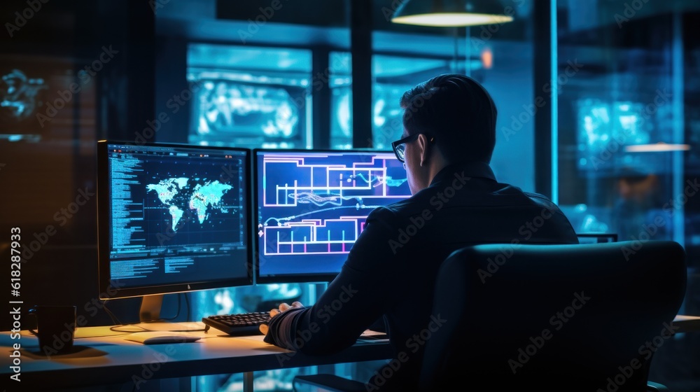 Network operations center with technicians monitoring network traffic, troubleshooting issues, and ensuring network performance Network operations center with technicians monitoring network traffic, troubleshooting issues, and ensuring network performance