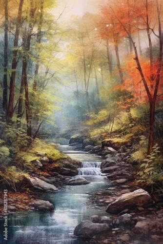 Watercolor tranquil river flowing through a forest. AI generated © Olive Studio