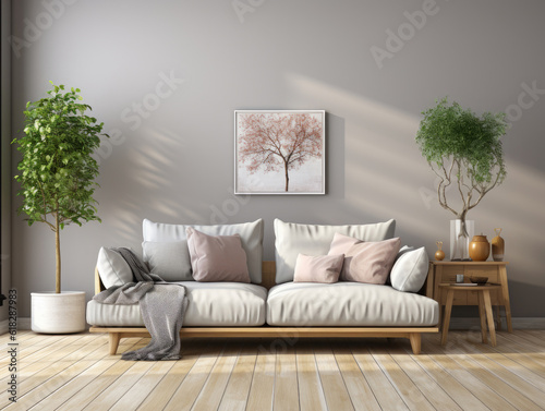 Home interior with gray sofa and white wall mockup, Mockups Design 3D, High-quality Mockups, Generative Ai © ACE STEEL D