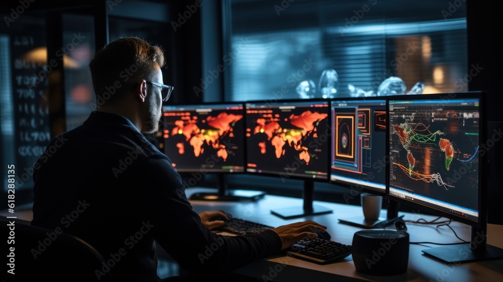 Network operations center with technicians monitoring network traffic, troubleshooting issues, and ensuring network performance Network operations center with technicians monitoring network traffic, troubleshooting issues, and ensuring network performance