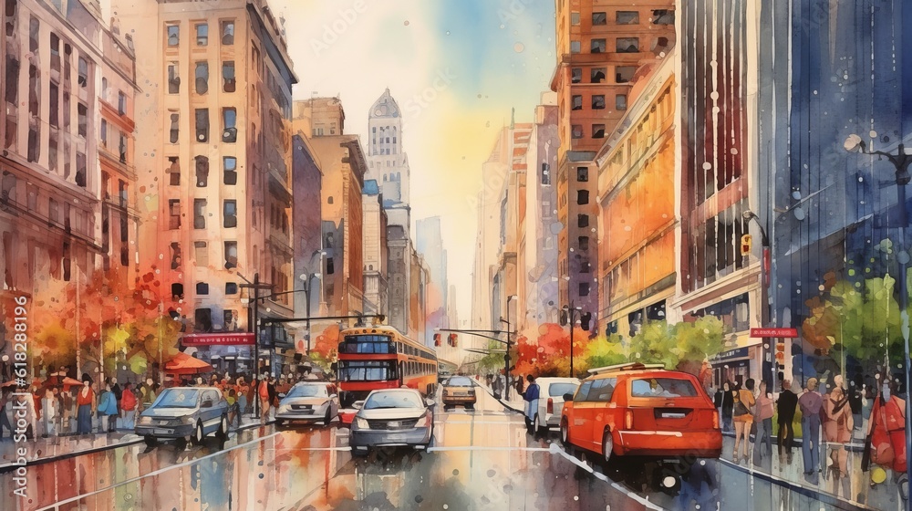 Watercolor vibrant city skyline with busy streets. AI generated - obrazy, fototapety, plakaty 
