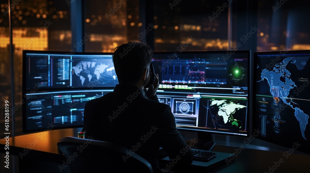 Network operations center with technicians monitoring network traffic, troubleshooting issues, and ensuring network performance