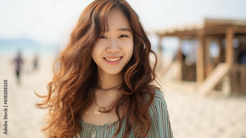 Young adult woman wearing sun hat and summer shirt, on tropical vacation, 20s, enjoying fictional location