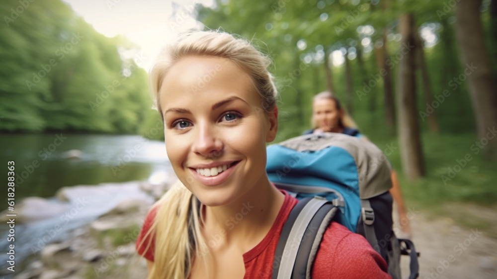 friends hiking with backpack, young adult woman having fun is happy and satisfied, hike in nature, river and clean water, smiling