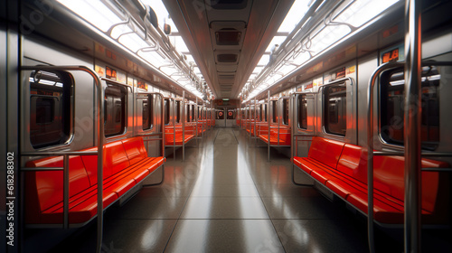 A subway car with orange seats in a subway. Generative AI.