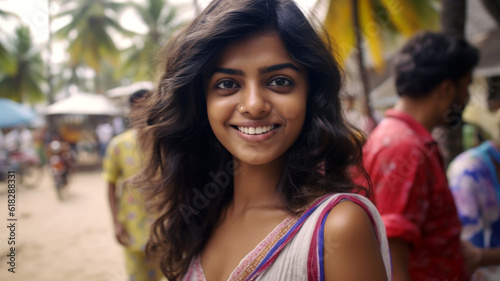 Young adult woman wearing summer shirt, on tropical vacation, 20s, enjoying fictional location