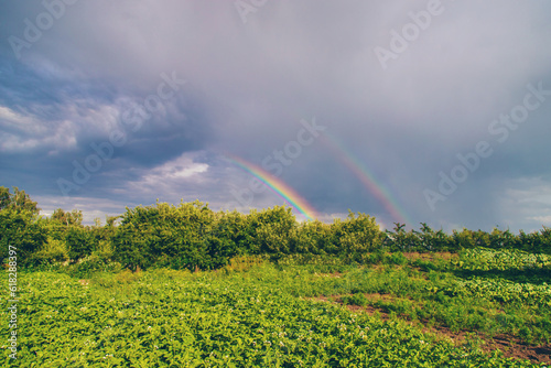 Rainbow in the sky. Selective focus. Rain,