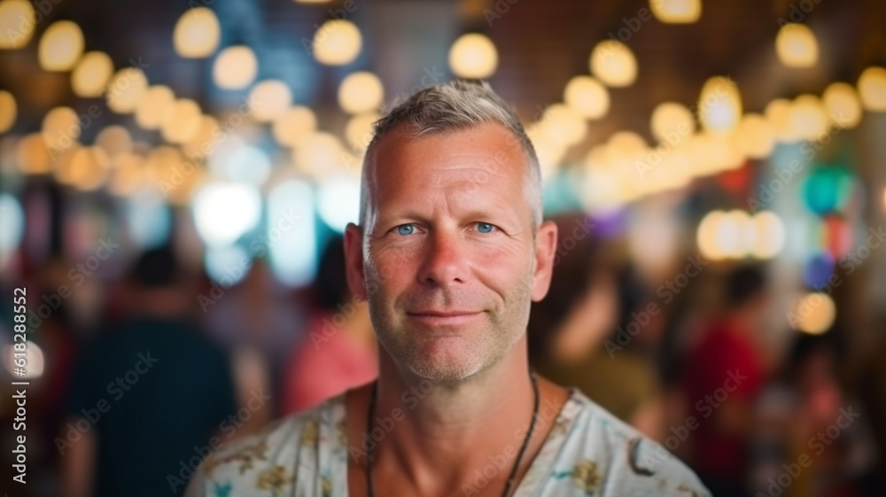 mature adult man wearing shirt in nightlife with party decoration, restaurant or bar, mature man, 40s ,50s, fictional location