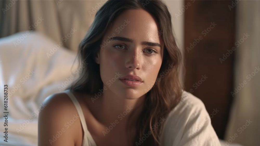 young adult woman with long brunette light brown hair, sitting on bed, candle in background, confused or disappointed, sad or tired young adult woman with long brunette light brown hair, sitting on bed, candle in background, confused or disappointed, sad or tired
