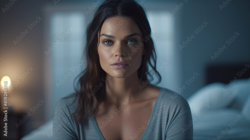 sad mature woman sits on bed, alone at home or hotel room, bathrobe or shirt sad mature woman sits on bed, alone at home or hotel room, bathrobe or shirt