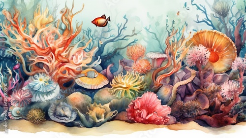 Watercolor whimsical underwater world with sea creat. AI generated photo